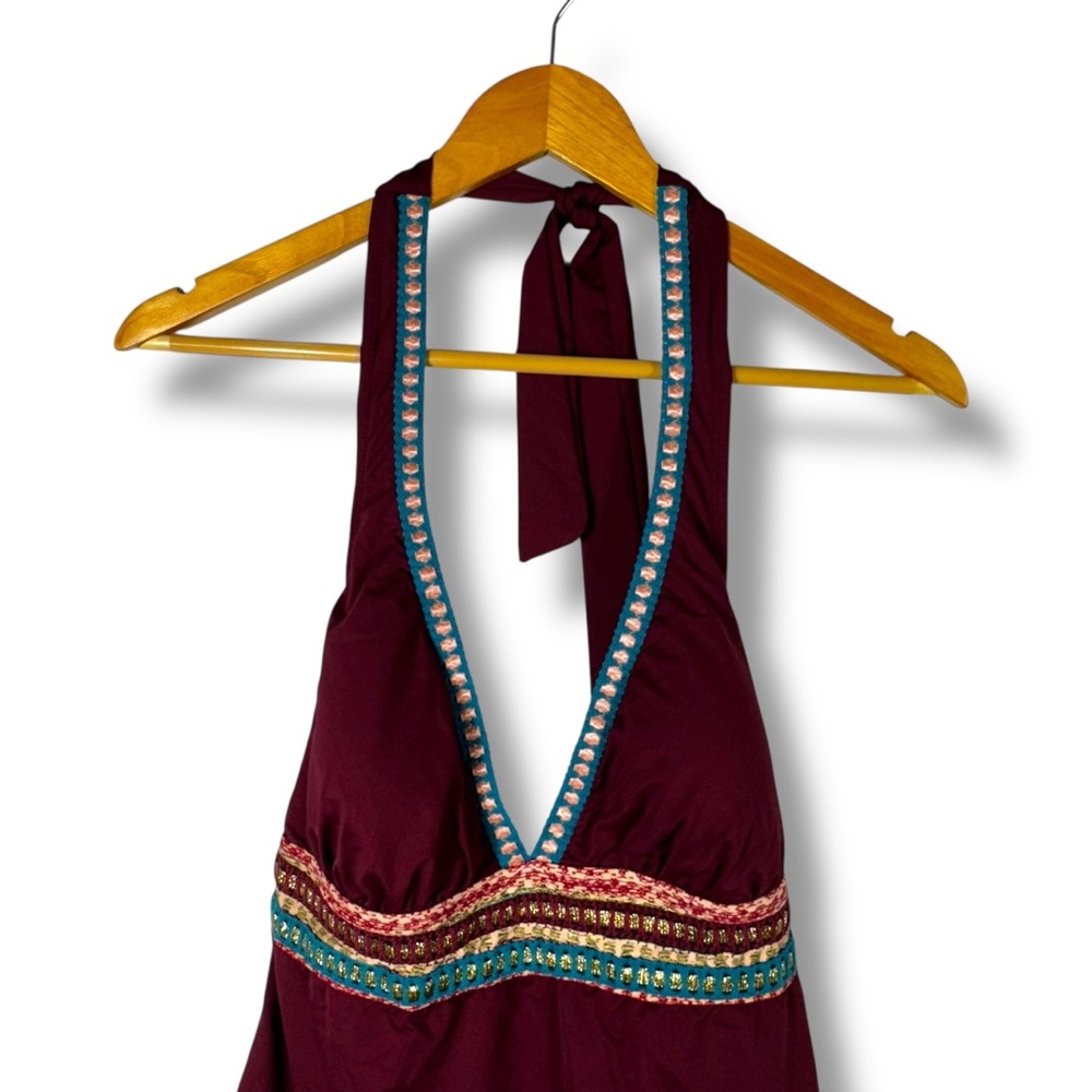 La Blanca Running Stitch Embellished Halter Tankini Top, Deep Maroon, Size 16 - Picture 3 of 14